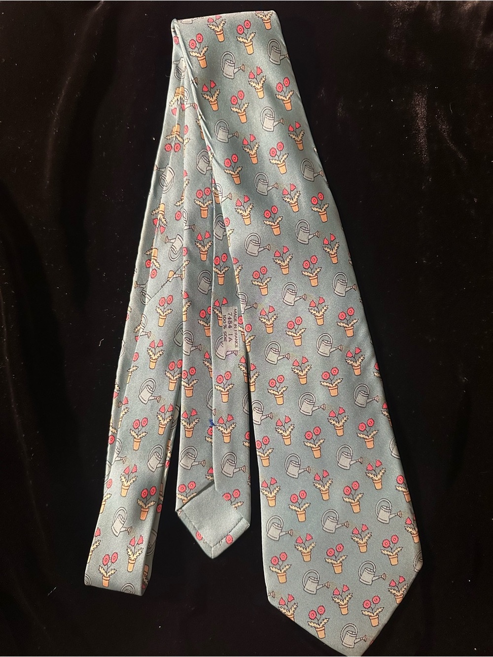 Hermes Light Blue Silk Tie with Pink & Cream Floral and Watering Can Motif